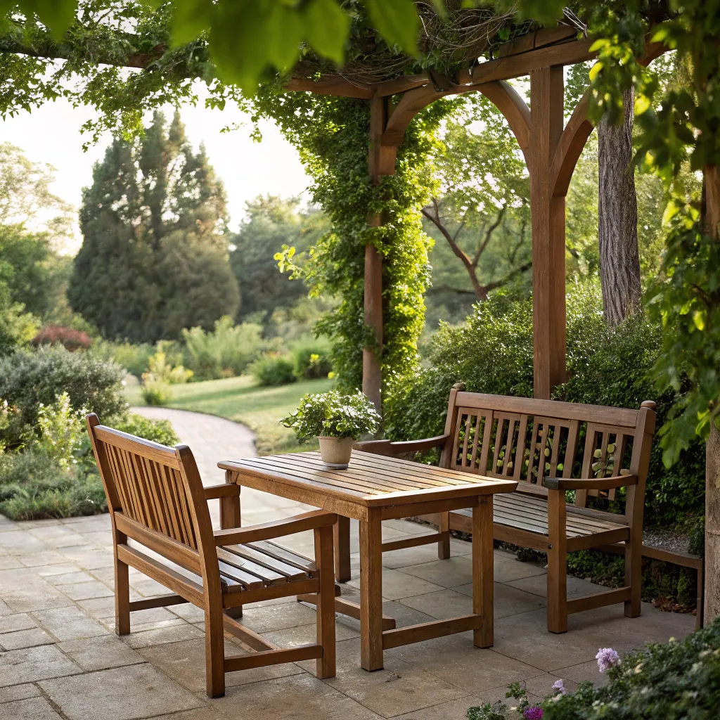 Beautifully crafted wooden garden furniture surrounded by lush greenery.